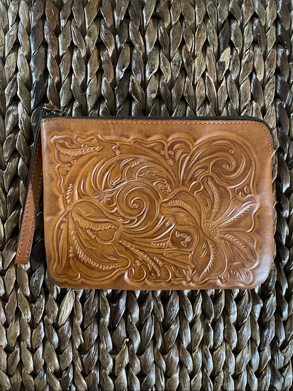 Patricia Nash Tan Tooled Leather Wristlet Clutch